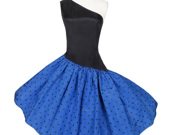 Vintage 80s Blue Black Polka Dot One Shoulder Sleeveless Drop Waist Full Skirt Prom Party Dress XL XXL Extra Large Avant Garde Costume Glam