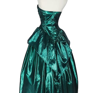 Vintage 80s Metallic Green Lamé Foil Strapless Ruched Peplum Full Skirt Ballgown Prom Party Dress Ball Gown XS S Extra Small image 3