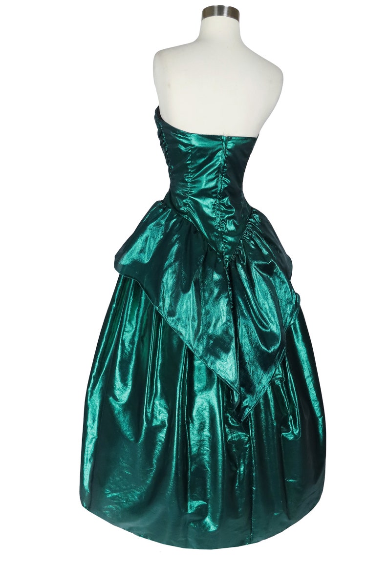 Vintage 80s Metallic Green Lamé Foil Strapless Ruched Peplum Full Skirt Ballgown Prom Party Dress Ball Gown XS S Extra Small image 3