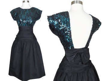 Vintage 80s Teal SEQUIN Black Taffeta Cocktail Party Prom Dress XS Extra Small Bow Sequinned Blue Green Glam Womens Full Skirt Calf Length