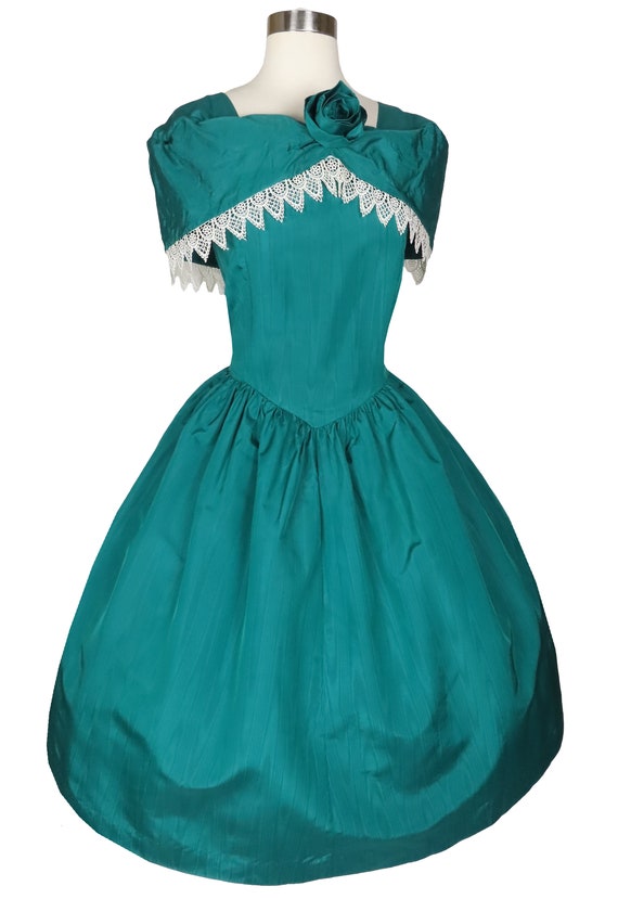 Vintage 80s Teal Taffeta Prom Party Dress XL Extr… - image 4