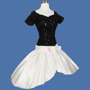 Vintage 80s Prom Dress S Small Party Black Sequin White Satin Full Skirt Asymmetrical Hi Lo Short Sleeves Bow