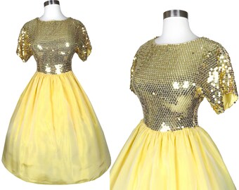 Vintage 80s 50s Złoty Metaliczny SEQUIN Żółty Tafta Pełna Spódnica Prom Party Dress S Mały Swing Taniec Rockabilly Pinup Krótki Rękaw Cytryna Dziewczyna