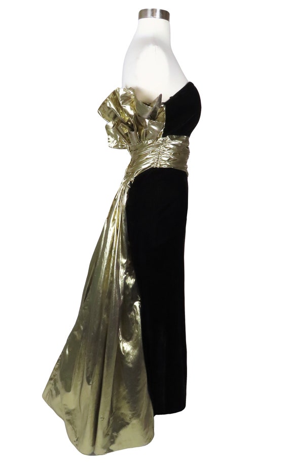 Vintage 80s 50s Black Velvet Metallic Gold Lamé S… - image 5