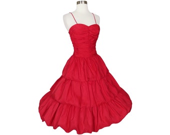 Vintage 80s Red Taffeta Tiered Full Skirt Prom Cocktail Party Dress XS Extra Small Spaghetti Straps Fit and Flare Valentines Day Holiday