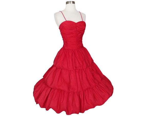 Vintage 80s Red Taffeta Tiered Full Skirt Prom Co… - image 1