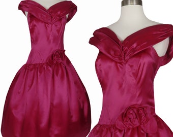 Sukienka na bal maturalny w stylu vintage z różową satynową rozetą i pełną spódnicą w stylu lat 80. i 50., rozmiar M, L, średni, duży, kostium damski, bal maturalny HoCo, formalny, malinowy