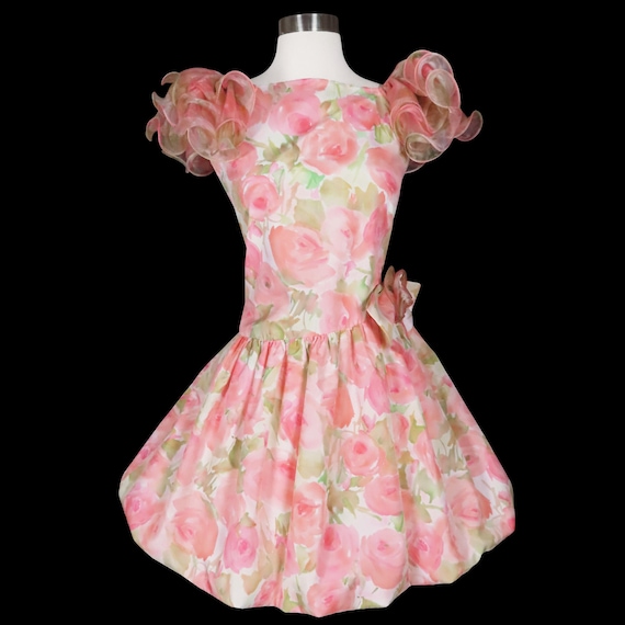 Vintage 80s Pink Peach Floral Print Bubble Skirt Prom Party Dress Xs Extra Small Teen Juniors Petite Pastel Green White Homecoming Hoco