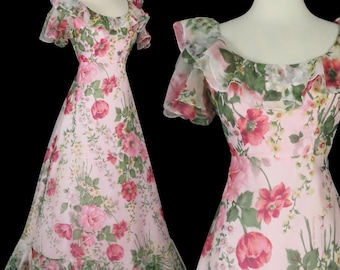 Vintage jaren 70 roze bloemen ruches rok Prom Garden Party maxi jurk XS S extra kleine gegolfde dames volledige hippie hippie boho Cottagecore