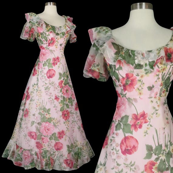 Vintage 70s Pink Floral Ruffle Skirt Prom Garden Party Maxi Dress Gown Xs S Extra Small Ruffled Womens Full Hippie Hippy Boho Cottagecore