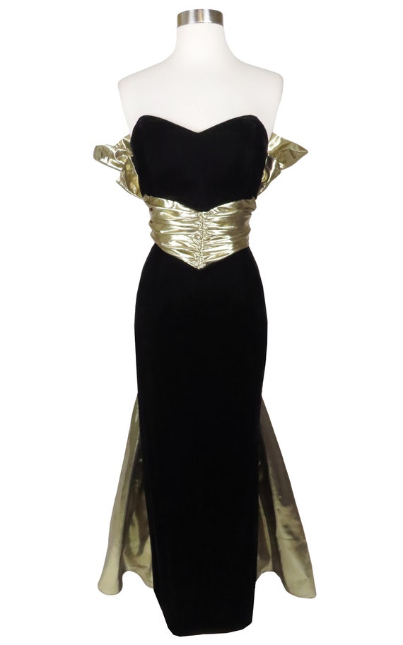 Vintage 80s 50s Black Velvet Metallic Gold Lamé S… - image 2