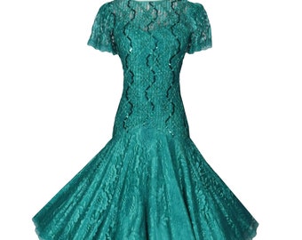 Vintage 80s 20s Teal Blue Green Floral Lace Ribbon Sequin Drop Waist Flapper Mermaid Full Circle Skirt Hi Lo Prom Party Dress S Small Womens