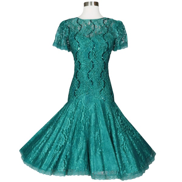 Vintage 80s 20s Teal Blue Green Floral Lace Ribbon Sequin Drop Waist Flapper Mermaid Full Circle Skirt Hi Lo Prom Party Dress S Small Womens