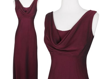Vintage 90s Y2K 00s Cowl Neck Burgundy Sleeveless Maxi Prom Gown Party Dress XS Extra Small Draped Long Formal Dance Womens Empire Waist
