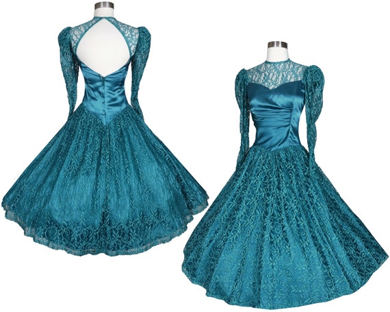 Vintage 80s 40s Teal Blue Green Lace Satin Prom P… - image 1