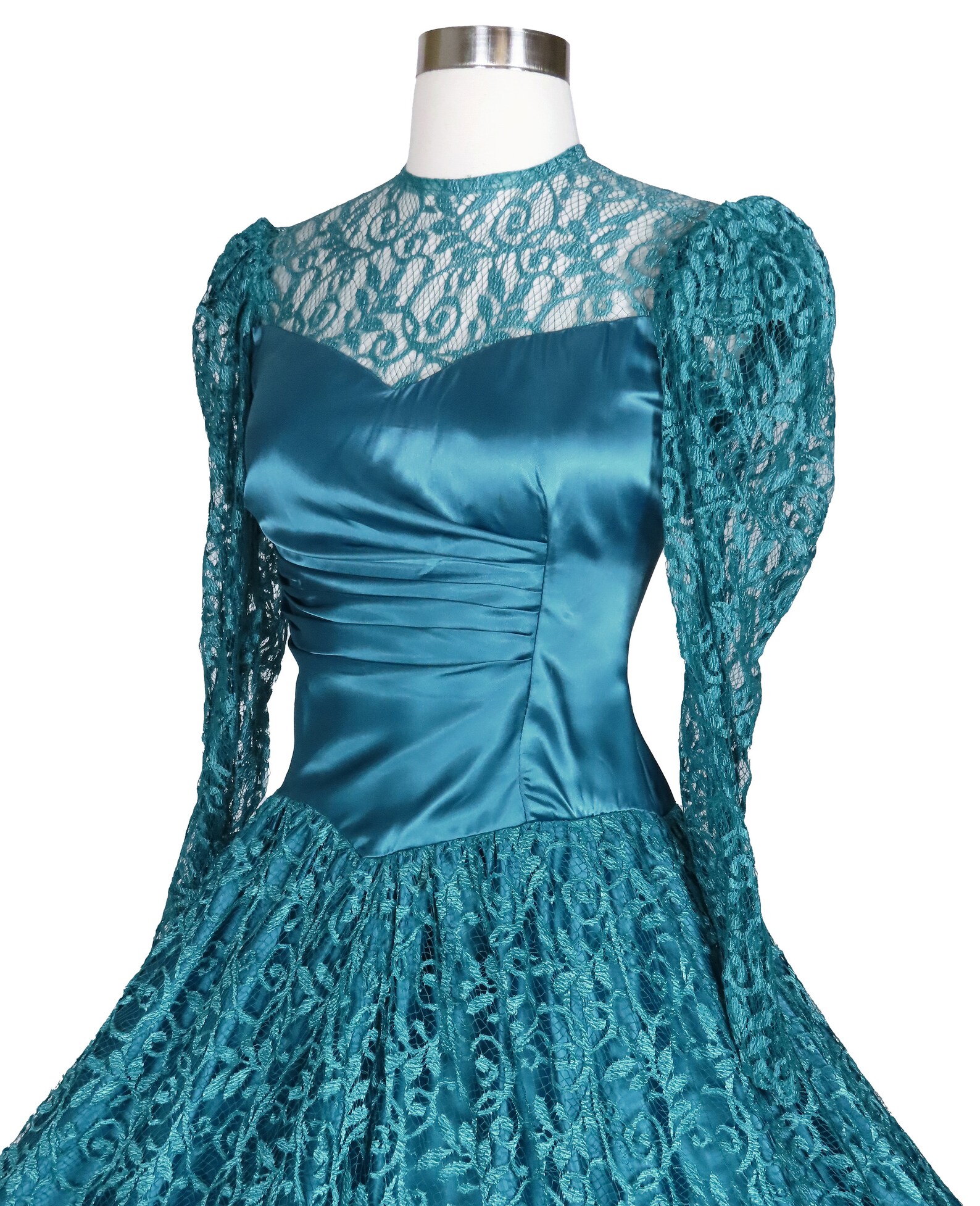 Vintage 80s 40s Teal Blue Green Lace Satin Prom Party Dress XS S Extra