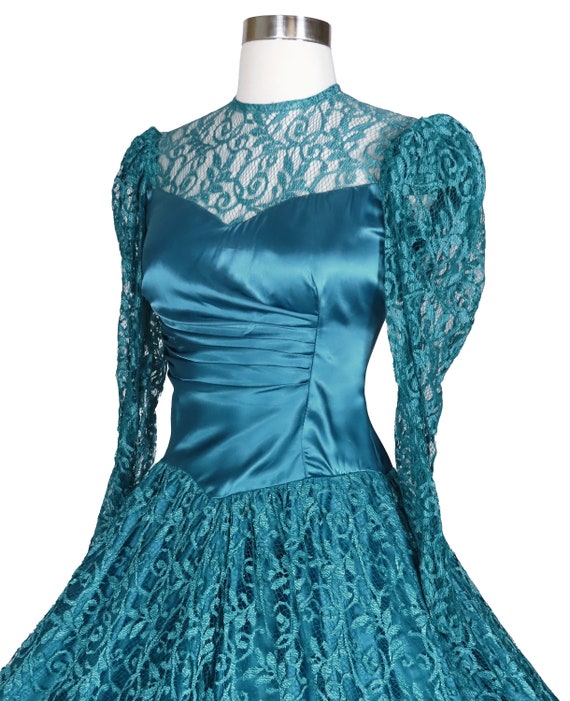 Vintage 80s 40s Teal Blue Green Lace Satin Prom P… - image 9