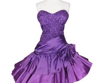 Vintage 80s Purple Pink Strapless Tiered Full Circle Skirt Prom Party Dress Zum Zum Bow As Is FADED Ombre Popcorn