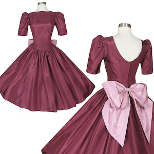 Vintage 80s Burgundy Pink Bow Moire Taffeta Puff Sleeve Full Skirt Prom Party Puff Sleeve Dress S Small Womens 1980s Bridesmaid Formal Dance