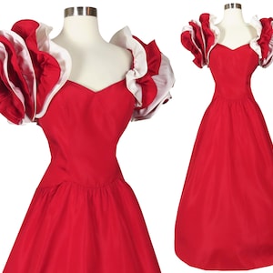 Vestido longo formal vintage anos 80 vermelho e branco com babados, saia longa, vestido de baile, festa, P M P M P M G ...
