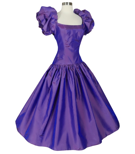 Vintage 80s Purple Puff Sleeve Taffeta Bow Full Skirt Prom Gown Party Dress XS Extra Small Homecoming HoCo Dance Costume Formal Princess