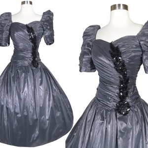 Vintage 80s Grey Gray Ruched Black Sequin Full Skirt Prom Party Dress XS S Extra Small Puff Sleeve Glam Womens Dance Costume Formal 1980s