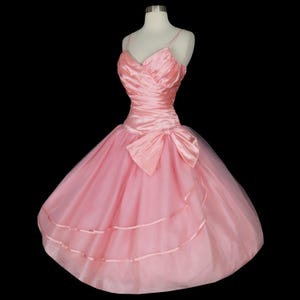 Vintage 80s Peach Pink Spaghetti Straps Ballet Balletcore Tulle Ribbon Big Bow Sleeveless Full Skirt Prom Party Dress S Small Layered Peachy