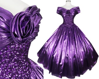 Vintage 80s 90s Purple Metallic Dress Lamé Foil Sequin Mike Benet Full Skirt Prom Ball Gown XS Extra Small Dance Formal Ballgown Avant Garde