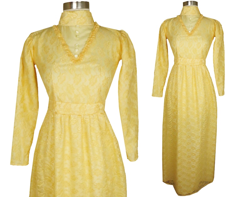 Cottage Core Vintage 70s MAXI Dress S Small YELLOW LACE Long Sleeve High Neck Empire Waist Hippy Hippie Boho Bohemian Sunshine Cottage Core