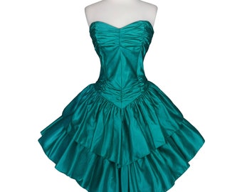 Vintage 80s Teal Blue Green Satin Strapless Sweetheart Full Skirt Tiered Prom Party Dress