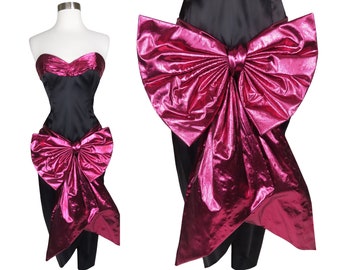 Vintage 80s Pink Metallic GUNNE SAX Big Bow Strapless Cocktail Party Prom Dress Lamé Foil Sheath