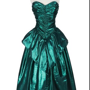 Vintage 80s Metallic Green Lamé Foil Strapless Ruched Peplum Full Skirt Ballgown Prom Party Dress Ball Gown XS S Extra Small image 6