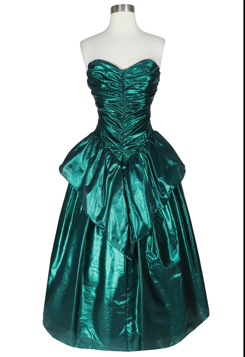 Vintage 80s Metallic Green Lamé Foil Strapless Ruched Peplum Full Skirt Ballgown Prom Party Dress Ball Gown XS S Extra Small image 6