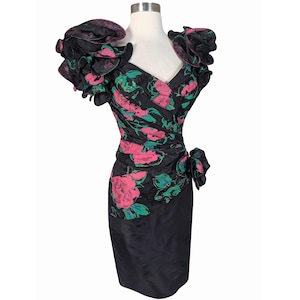 Vintage 80s Red Rose Floral Print Black Brocade Ruffle Sleeve Prom Cocktail Party Sheath Dress by Cache M Medium Glam Dance Womens Formal