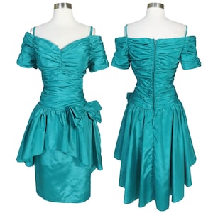Vintage 80s Teal Peplum Sheath Ruched Blue Green Prom Dance Cocktail Party Dress M Medium Ruched Bow Origami Hi Lo Tux Tuxedo Avant Garde