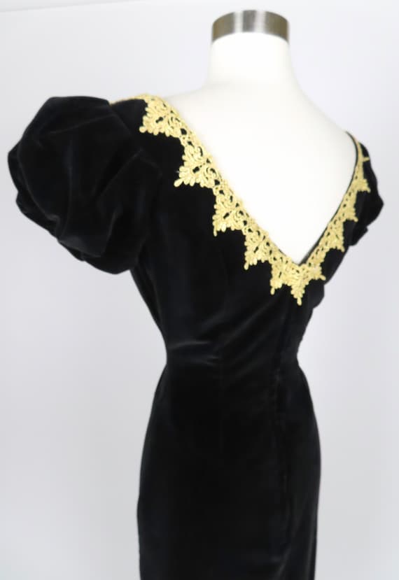 Vintage 80s 90s Black Gold Puff Sleeve Gold Lace … - image 6