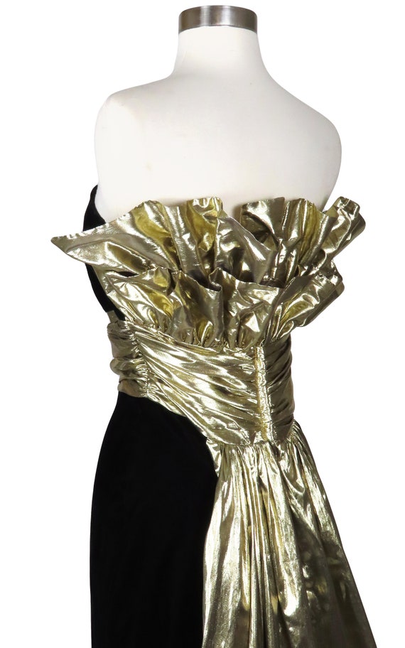 Vintage 80s 50s Black Velvet Metallic Gold Lamé S… - image 8