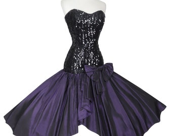 Vintage 80s Strapless Black Sequin Dark Purple Taffeta Wrap Full Skirt Prom Party Dress Womens Formal Dance