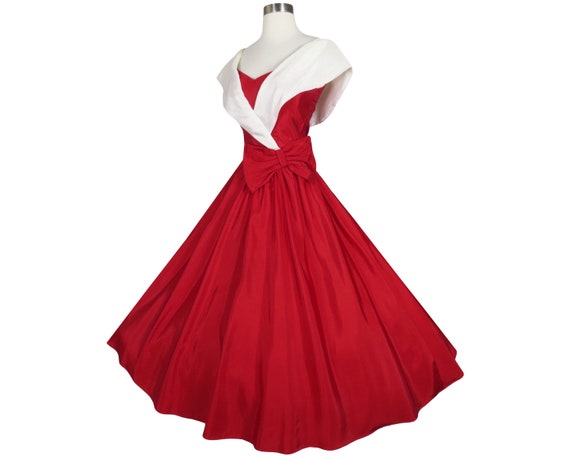 Vintage 80s 90s Red White Full Skirt Prom Party Dress XS Extra Small Sailor Collar Dance Costume Gown