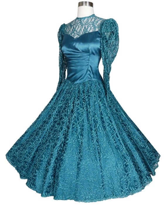 Vintage 80s 40s Teal Blue Green Lace Satin Prom P… - image 8
