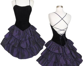 Vintage 80s Purple Tiered Full Skirt Black Velvet Strappy Back Prom Cocktail Party Dress S Small Dark Fairy Glam Taffeta Corset Tiers Short