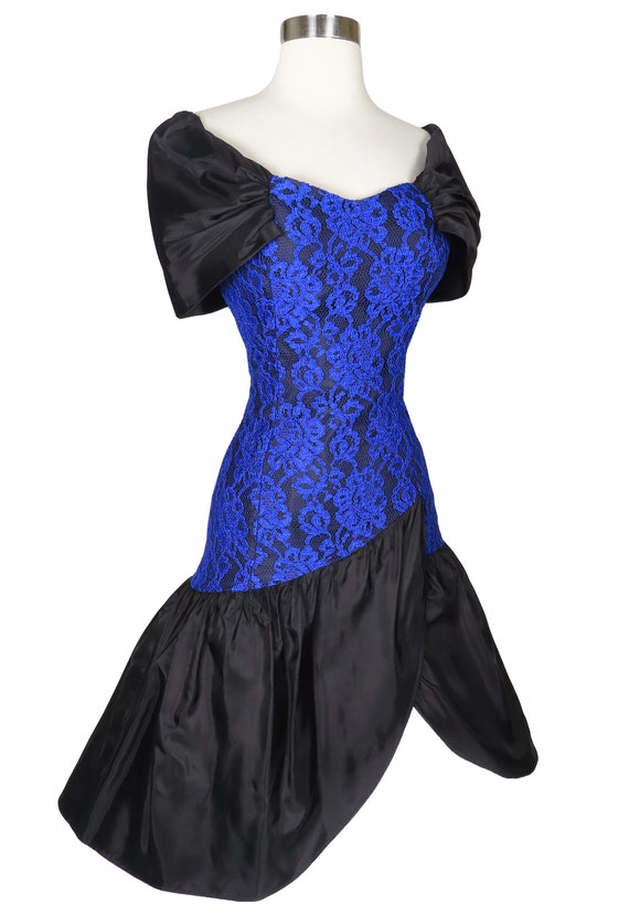 Vintage 80s Black Blue LACE Full Skirt Mermaid Pr… - image 5