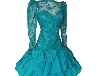 Vintage 80s Teal Green Blue Floral Lace Cocktail Party Prom Dress S Small Taffeta Big Bow Tiered Full Skirt Glam Tiers Womens Dance Costume