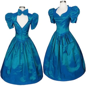 Vintage 80s Blue Iridescent Taffeta Puff Sleeve Full Skirt Prom Party Dress XXS XS Extra Small Open Back Alfred Angelo 1980s Bridesmaid BOW