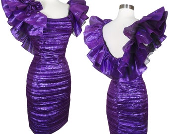Vintage 80s Metallic Purple Ruffle Lamé Foil Sheath Wiggle Cocktail Party Prom Dress XS Extra Small Avant Garde Womens Costume Sleeveless
