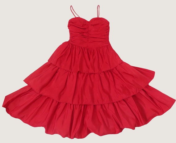 Vintage 80s Red Taffeta Tiered Full Skirt Prom Co… - image 9