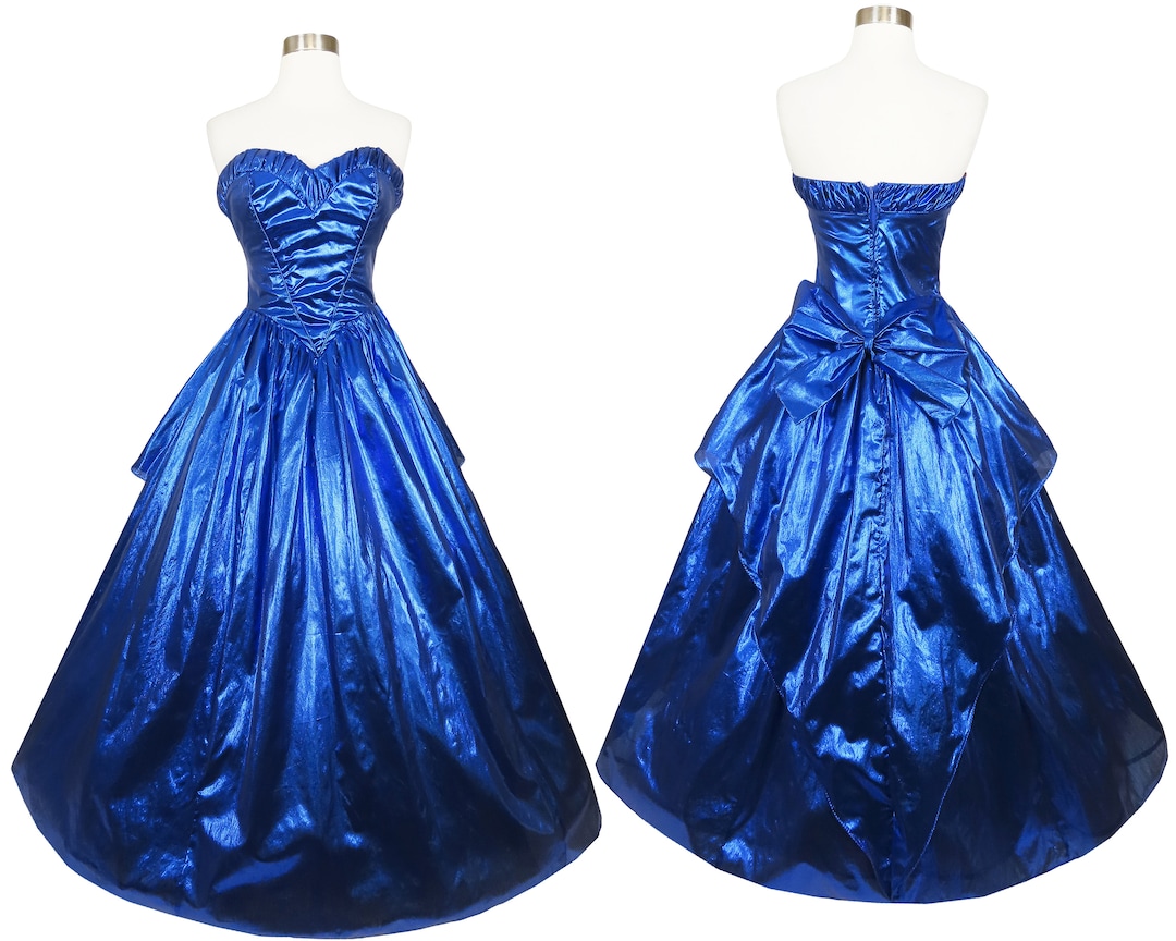 Vintage 80s Prom Dress XS S Party Gown Strapless Blue Metallic Lamé
