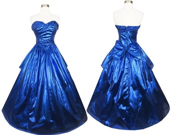 Vestido de fiesta vintage de los años 80, talla XS, sin tirantes, azul metalizado, lamé, papel de aluminio, para baile formal, talla extra pequeña, ideal para reinas, bailes de gala, con lazo grande.