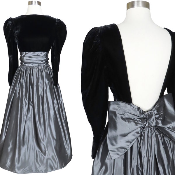 Vintage 80s Black Velvet Long Sleeves BIG BOW Open Back Gunmetal Grey Silver  Dress Prom Party Gown M Medium L Large Long Maxi Formal Gala