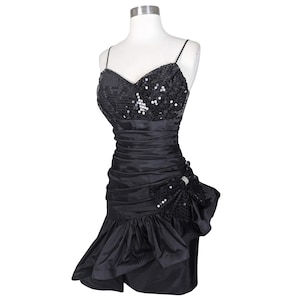 Vintage 80s Black Sequin Taffeta Peplum Sheath Ruffle Prom Cocktail Party Dress M L Medium Large Bow Glam Sleeveless Spaghetti Straps Formal